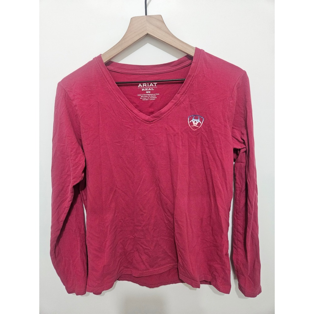 Ariat Re-AL Womens Pink V-Neck Long Sleeve Graphic Thunderbird Tee Medium